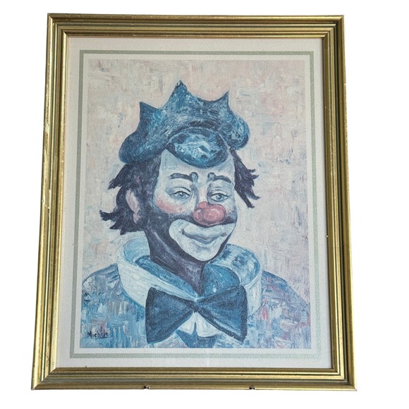 Other - Vintage Michele Signed‎ Clown Art Print Framed Blue White Circus Art